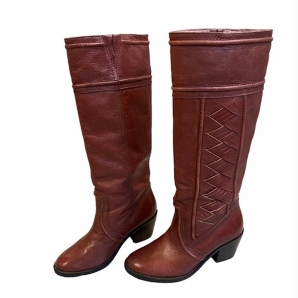 FOSSIL Felicia woven leather riding heeled knee high boots Cognac Brown Size 8 - Picture 5 of 12